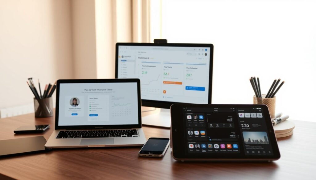 A neatly organized office desk with a laptop, mobile phone, and tablet display showing productivity apps designed for individuals with ADHD. The desk is illuminated by warm, natural lighting from a large window, creating a calming and focused atmosphere. The foreground features a to-do list, calendar, and time management tools, while the background showcases a minimalist workspace with sleek, modern office supplies. The overall composition conveys a sense of organization, control, and the potential for increased productivity through the use of technology tailored for the ADHD experience. A neatly organized office desk with a laptop, mobile phone, and tablet display showing productivity apps designed for individuals with ADHD. The desk is illuminated by warm, natural lighting from a large window, creating a calming and focused atmosphere. The foreground features a to-do list, calendar, and time management tools, while the background showcases a minimalist workspace with sleek, modern office supplies. The overall composition conveys a sense of organization, control, and the potential for increased productivity through the use of technology tailored for the ADHD experience.