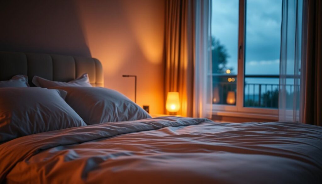 A peaceful bedroom setting, bathed in warm, soft lighting. In the foreground, a comfortable-looking bed with crisp, high-quality linens and plush pillows. The middle ground features a nightstand with a tasteful, minimalist lamp casting a gentle glow. In the background, a serene window overlooking a tranquil outdoor scene, hinting at the restorative power of quality sleep. The overall atmosphere exudes a sense of relaxation, comfort, and rejuvenation, conveying the importance of "sono de qualidade" (quality sleep) for the well-being of busy professionals. A peaceful bedroom setting, bathed in warm, soft lighting. In the foreground, a comfortable-looking bed with crisp, high-quality linens and plush pillows. The middle ground features a nightstand with a tasteful, minimalist lamp casting a gentle glow. In the background, a serene window overlooking a tranquil outdoor scene, hinting at the restorative power of quality sleep. The overall atmosphere exudes a sense of relaxation, comfort, and rejuvenation, conveying the importance of "sono de qualidade" (quality sleep) for the well-being of busy professionals.