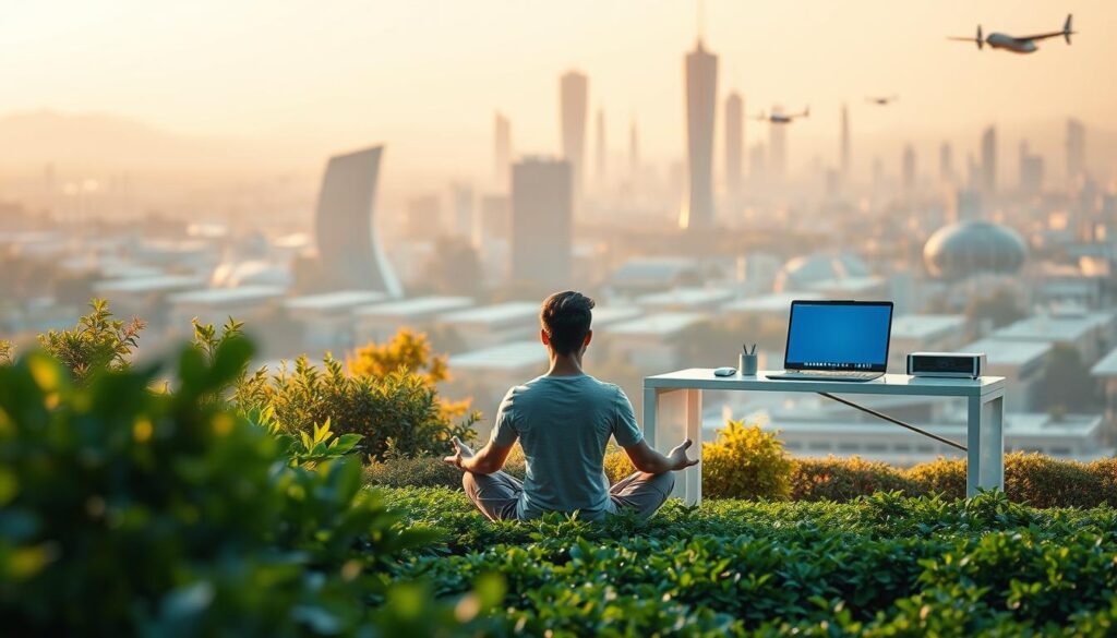 A peaceful, harmonious scene of "Tecnologia Consciente". In the foreground, a person sits cross-legged, meditating in a serene garden. Soft natural lighting filters through the verdant foliage. In the middle ground, a sleek, minimalist workstation with a laptop and a few simple, elegant devices. The background features a futuristic cityscape with clean, efficient architecture, solar panels, and flying vehicles, all bathed in a warm, amber glow. The overall mood is one of mindfulness, balance, and the integration of technology with nature. The composition should convey a sense of tranquility, focus, and the responsible, conscious use of technology.