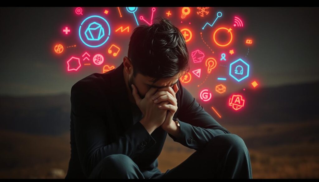 A person sitting alone, face buried in their hands, expression conveying profound emotional distress. Vibrant, neon-like digital glyphs and symbols swirl around them, symbolizing the overwhelming sense of hyper-connectivity and information overload. The background is a blurred, abstract landscape, hinting at the subject's disconnection from the physical world. Warm, moody lighting casts dramatic shadows, heightening the sense of emotional intensity. Cinematic, wide-angle perspective to convey the vastness of the inner turmoil. Subtle film grain and a muted color palette add a sense of melancholy. The overall tone is one of psychological strain and the emotional toll of the digital age.