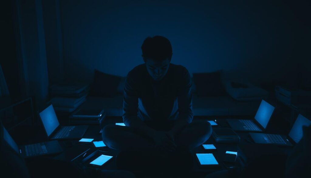 A person sitting alone in a dimly lit room, their face obscured by shadows, exuding a sense of unease and constant worry. The room is cluttered with technological devices - smartphones, laptops, and tablets - all glowing with an eerie blue light, symbolizing the ever-present digital connectivity that fuels the subject's anxiety. The atmosphere is heavy, the lighting dramatic, with deep contrasts and a somber, pensive mood. The composition emphasizes the subject's isolation and the overwhelming presence of the digital world, leaving the viewer with a palpable sense of the psychological burden of "constant anxiety" in the modern, hyperconnected age. A person sitting alone in a dimly lit room, their face obscured by shadows, exuding a sense of unease and constant worry. The room is cluttered with technological devices - smartphones, laptops, and tablets - all glowing with an eerie blue light, symbolizing the ever-present digital connectivity that fuels the subject's anxiety. The atmosphere is heavy, the lighting dramatic, with deep contrasts and a somber, pensive mood. The composition emphasizes the subject's isolation and the overwhelming presence of the digital world, leaving the viewer with a palpable sense of the psychological burden of "constant anxiety" in the modern, hyperconnected age.