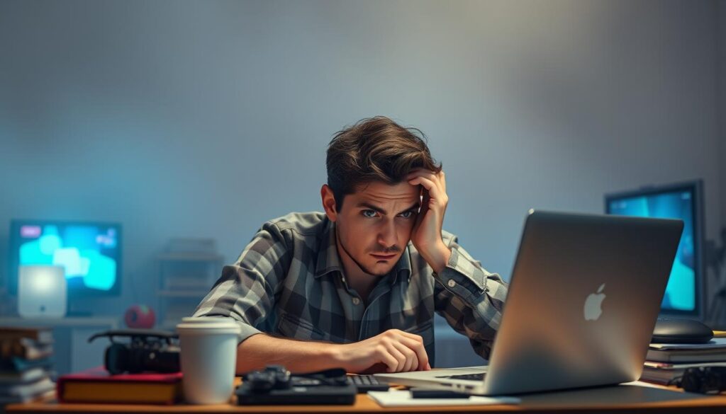 A person sitting at a cluttered desk, staring intently at a laptop screen, their expression distracted and unfocused. The background is hazy, with subtle distractions like vibrant smartphone notifications and the flickering of a television in the distance. The lighting is soft and diffused, creating a sense of mental fog and cognitive strain. The overall scene conveys the overwhelming nature of digital overstimulation and the difficulty in maintaining concentration in a hyper-connected world. A person sitting at a cluttered desk, staring intently at a laptop screen, their expression distracted and unfocused. The background is hazy, with subtle distractions like vibrant smartphone notifications and the flickering of a television in the distance. The lighting is soft and diffused, creating a sense of mental fog and cognitive strain. The overall scene conveys the overwhelming nature of digital overstimulation and the difficulty in maintaining concentration in a hyper-connected world.
