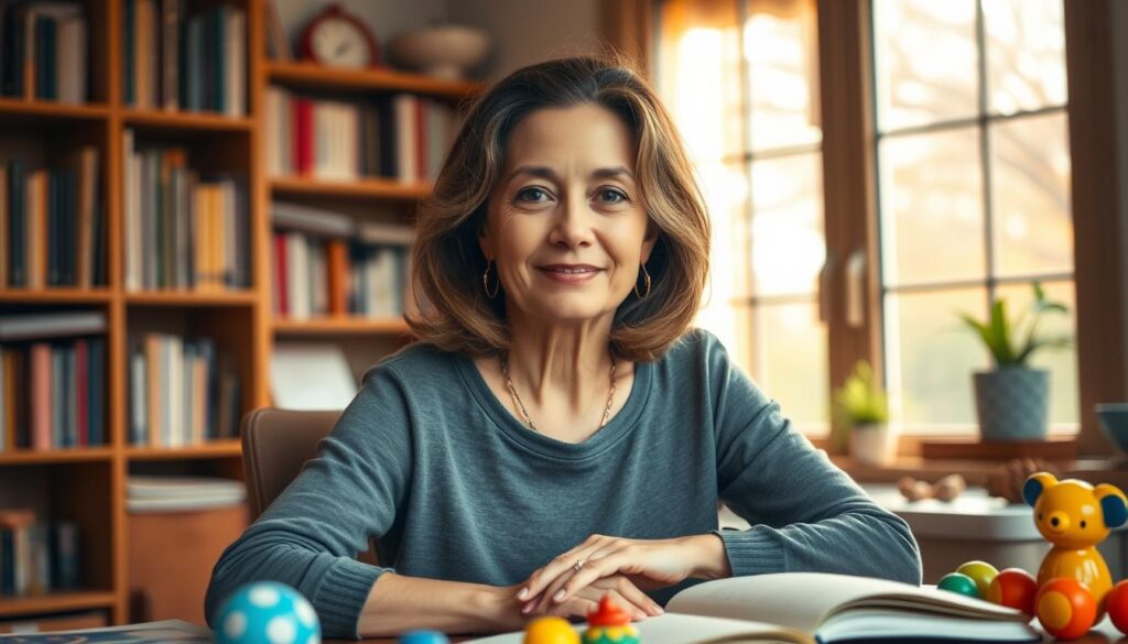 A portrait of Dra. Jô Furlan, a respected child psychologist, shown in a warm, natural setting. She is seated at a desk, surrounded by books and toys, with a soft, pensive expression on her face. Warm lighting illuminates her features, highlighting her thoughtful gaze. The background features a cozy, inviting home office, with bookshelves and a window offering a glimpse of a tranquil outdoor scene. The overall atmosphere conveys a sense of expertise, wisdom, and a deep understanding of child development and the importance of play. A portrait of Dra. Jô Furlan, a respected child psychologist, shown in a warm, natural setting. She is seated at a desk, surrounded by books and toys, with a soft, pensive expression on her face. Warm lighting illuminates her features, highlighting her thoughtful gaze. The background features a cozy, inviting home office, with bookshelves and a window offering a glimpse of a tranquil outdoor scene. The overall atmosphere conveys a sense of expertise, wisdom, and a deep understanding of child development and the importance of play.