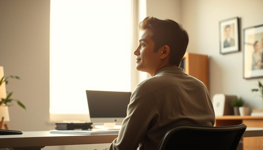 A serene and tranquil office setting, with a person sitting at a desk gazing thoughtfully out a large window. Soft, natural lighting filters in, casting a warm, soothing glow. The individual's expression reflects a sense of emotional well-being and inner calm, conveying the importance of recognizing and managing emotions in the workplace. The office space is uncluttered, with clean lines and muted tones, creating an atmosphere of focus and mindfulness. Subtle details, such as a potted plant or a framed piece of artwork, add touches of personal expression. The overall scene evokes a harmonious balance between professional responsibilities and personal well-being.