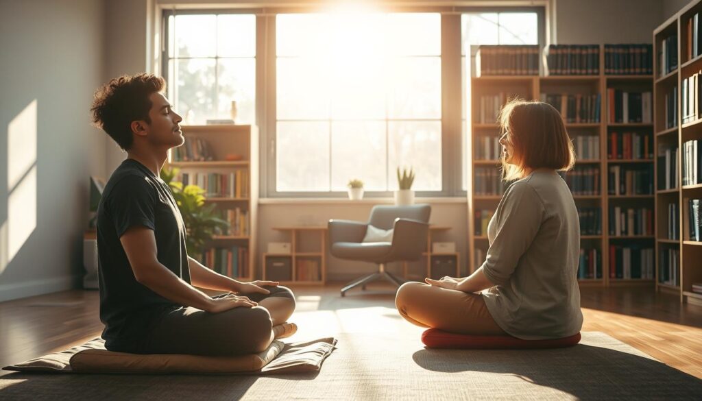 A serene and tranquil scene depicting the integrated treatment for hyperconnectivity. In the foreground, a person sits cross-legged on a meditation cushion, eyes closed in deep concentration. Sunlight filters through a large window, casting a warm glow on the scene. In the middle ground, a therapist sits opposite the patient, engaged in a thoughtful discussion. The background features bookshelves filled with volumes on psychology and mental health, suggesting a professional office environment. The overall atmosphere is one of balance, mindfulness, and a holistic approach to addressing the challenges of hyperconnectivity.