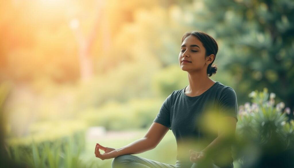 A serene, contemplative scene of emotional well-being. In the foreground, a person seated in a comfortable meditation pose, eyes closed, exuding a sense of inner peace and mindfulness. The middle ground features a tranquil natural setting, perhaps a lush garden or a calming woodland scene, with diffused natural lighting creating a warm, soothing atmosphere. In the background, soft, blurred shapes suggest a sense of balance and harmony. The overall composition conveys a feeling of emotional equilibrium, self-reflection, and a holistic approach to mental and psychological health.