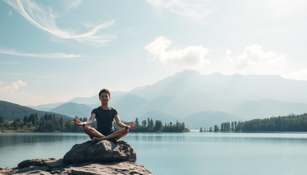 A serene, minimalist landscape with a person meditating in the foreground, sitting cross-legged on a rocky outcrop overlooking a calm, azure lake. Soft, diffused natural lighting filters through wispy clouds, casting a tranquil, contemplative atmosphere. The figure's pose exudes inner focus and resilience, their face peaceful and resolute. In the middle ground, verdant trees and rolling hills recede into the distance, symbolizing the journey of personal growth. The background features a majestic mountain range, its peaks reaching towards the heavens, evoking a sense of limitless potential. The overall scene conveys a harmonious balance between the individual's mental fortitude and the inspiring natural world around them.