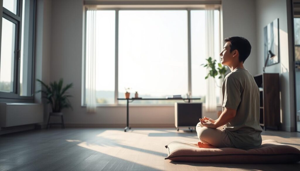 A serene, minimalist office setting with a large window overlooking a peaceful outdoor scene. In the foreground, a person sitting cross-legged on a meditation cushion, eyes closed, engaged in a focused, mindful practice. Soft, natural lighting filters in, casting a warm, calming glow. The middle ground features a simple desk with a few plants and a notebook, hinting at the integration of mental training into the workday. The background showcases a tranquil landscape, perhaps a garden or park, suggesting the harmony between inner and outer worlds. The overall atmosphere conveys a sense of clarity, tranquility, and the power of mental discipline. A serene, minimalist office setting with a large window overlooking a peaceful outdoor scene. In the foreground, a person sitting cross-legged on a meditation cushion, eyes closed, engaged in a focused, mindful practice. Soft, natural lighting filters in, casting a warm, calming glow. The middle ground features a simple desk with a few plants and a notebook, hinting at the integration of mental training into the workday. The background showcases a tranquil landscape, perhaps a garden or park, suggesting the harmony between inner and outer worlds. The overall atmosphere conveys a sense of clarity, tranquility, and the power of mental discipline.