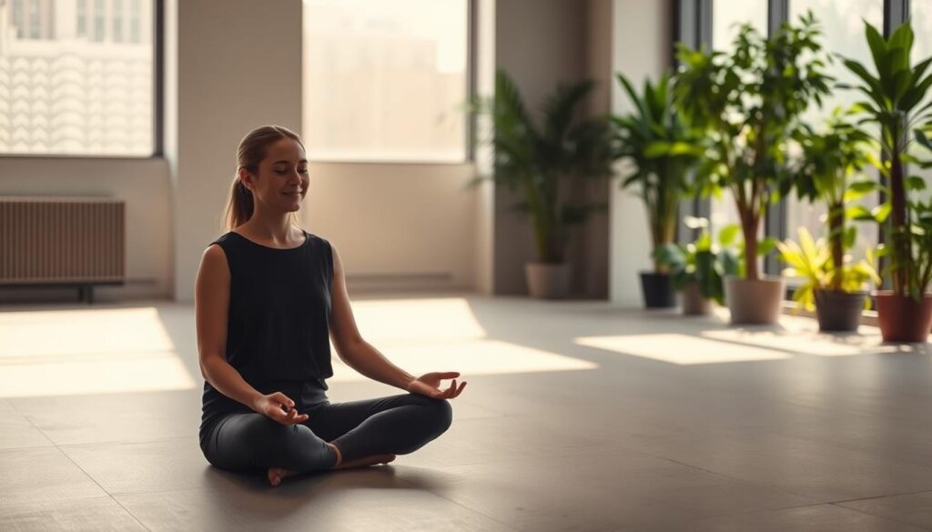 A serene, minimalist scene depicting emotional balance and resilience in the workplace. In the foreground, a person seated in a meditative pose, their expression calm and centered. Soft, natural lighting filters in through large windows, casting a warm glow. The middle ground features a simple, elegant office space with clean lines and muted tones, conveying a sense of order and focus. In the background, a lush, verdant indoor garden provides a tranquil, natural counterpoint, symbolizing the importance of maintaining a healthy work-life balance. The overall atmosphere is one of harmony, mindfulness, and the power of organizational culture to foster mental resilience.