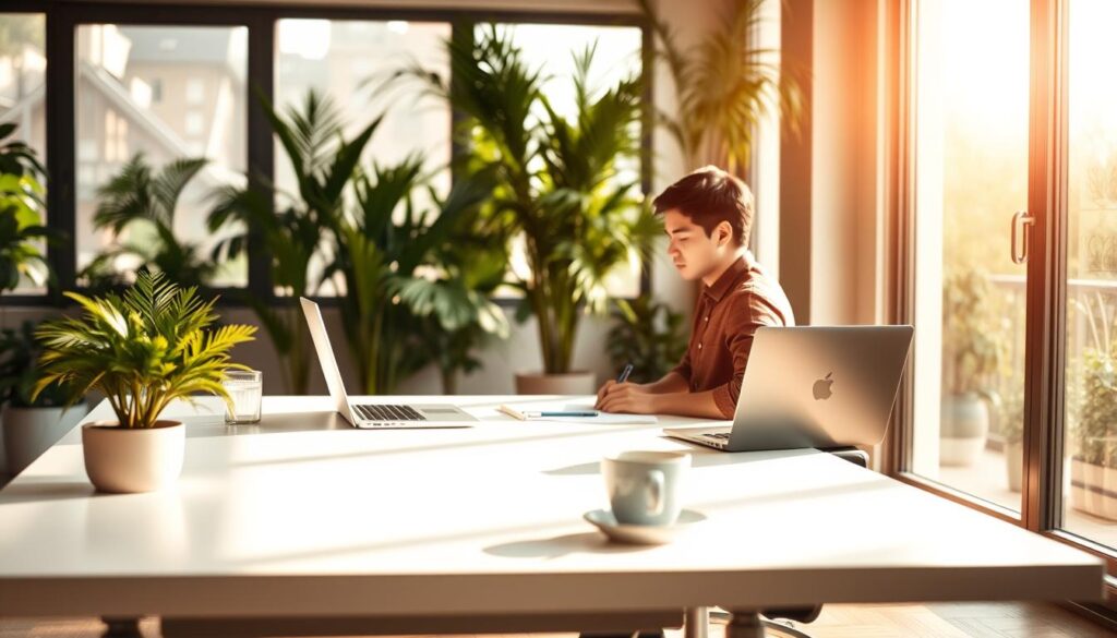 A serene office scene, bathed in warm, natural light filtering through large windows. In the foreground, a desk with minimal, neatly organized items - a laptop, a plant, and a cup of coffee. The middle ground features a person sitting at the desk, focused and engaged, their posture and facial expression conveying a sense of calm, deliberate attention. The background showcases a tranquil, plant-filled interior, creating a soothing, contemplative atmosphere. The overall composition suggests a mindful, behavioral approach to productivity and work-life balance. A serene office scene, bathed in warm, natural light filtering through large windows. In the foreground, a desk with minimal, neatly organized items - a laptop, a plant, and a cup of coffee. The middle ground features a person sitting at the desk, focused and engaged, their posture and facial expression conveying a sense of calm, deliberate attention. The background showcases a tranquil, plant-filled interior, creating a soothing, contemplative atmosphere. The overall composition suggests a mindful, behavioral approach to productivity and work-life balance.
