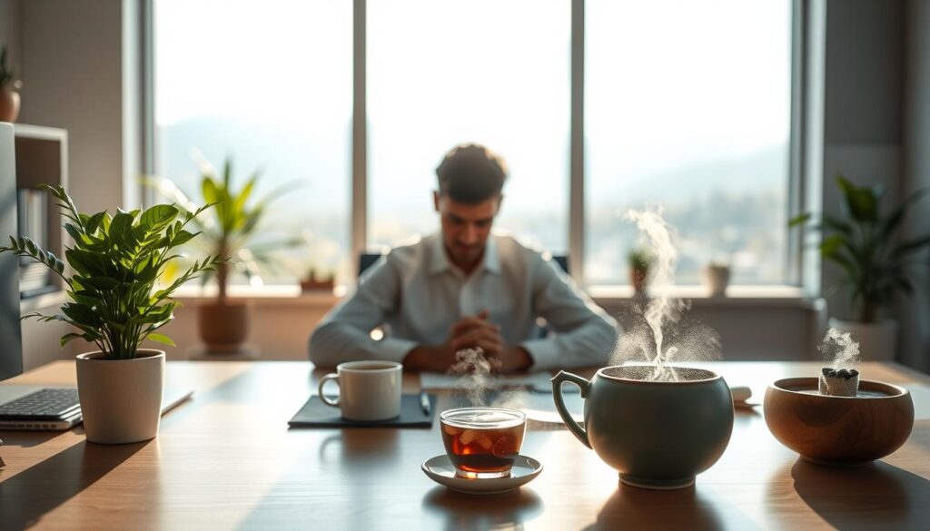 A serene office setting, bathed in soft, natural lighting that filters through large windows. In the foreground, a person sits at a desk, deep in contemplation, hands resting calmly on the surface. The middle ground showcases various soothing elements, such as a potted plant, a mug of steaming tea, and a small fountain that emits a gentle, calming sound. The background blurs into a tranquil, minimalist landscape, conveying a sense of focus and emotional balance. The overall atmosphere exudes a sense of mindfulness, introspection, and the effective management of one's emotional state.
