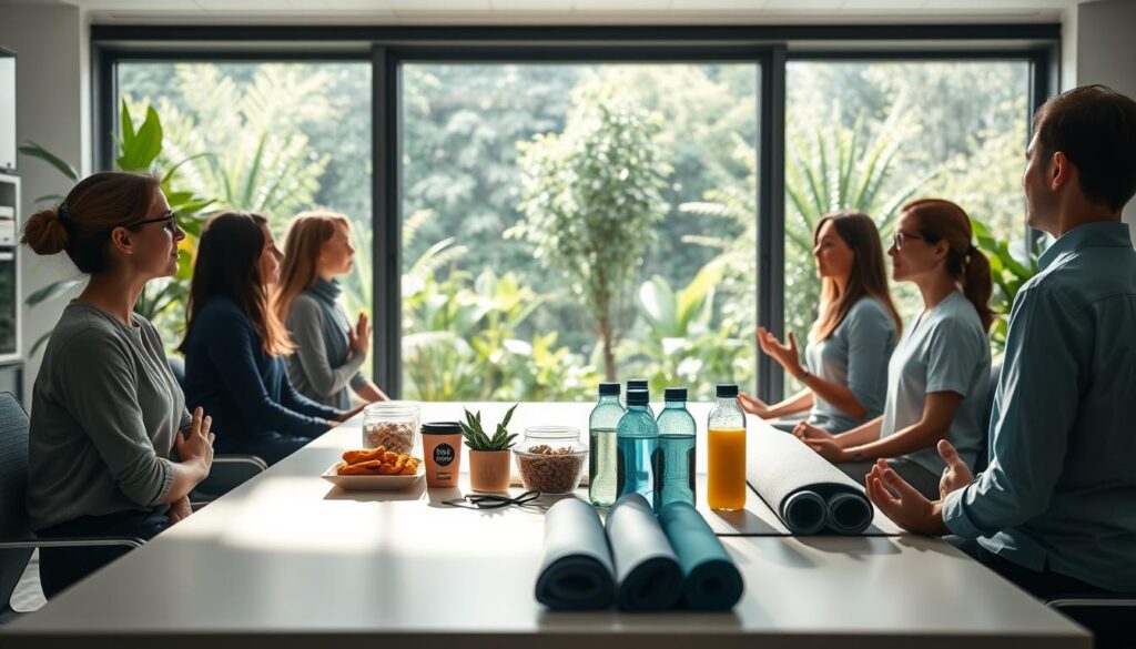 A serene office setting, bathed in soft, natural lighting. In the foreground, a group of employees engaged in a guided meditation session, their faces calm and focused. In the middle ground, a selection of wellness resources - healthy snacks, yoga mats, and water bottles - arranged neatly on a modern, minimalist desk. The background features a large window overlooking a lush, verdant garden, creating a sense of tranquility and connection to nature. The overall atmosphere is one of balance, mindfulness, and a commitment to employee well-being.