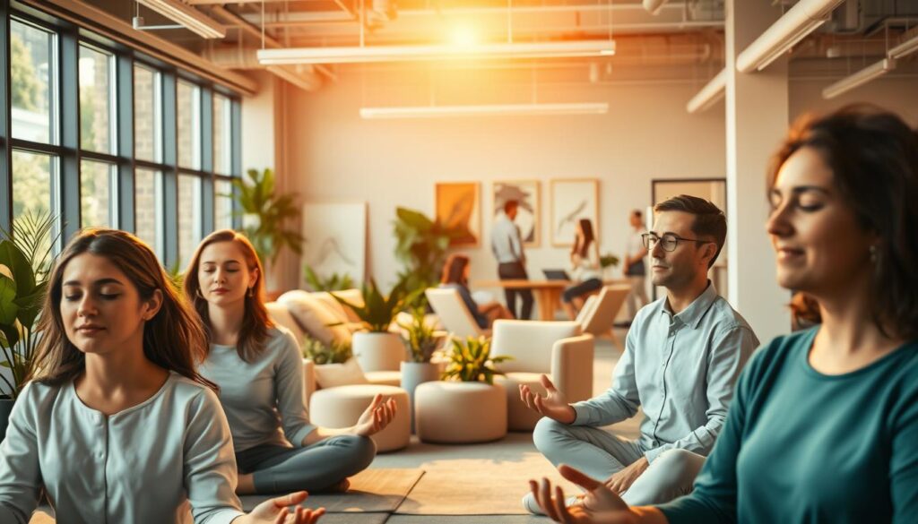 A serene office setting, bathed in warm, natural lighting that filters through large windows. In the foreground, a group of employees engaged in a mindfulness exercise, their expressions calm and focused. In the middle ground, a well-being corner with plush seating, potted plants, and soothing artwork. The background depicts an open, collaborative workspace, where colleagues interact with a sense of ease and contentment. The overall atmosphere conveys a harmonious blend of productivity and emotional well-being, reflecting the future of a holistic approach to workplace wellness.