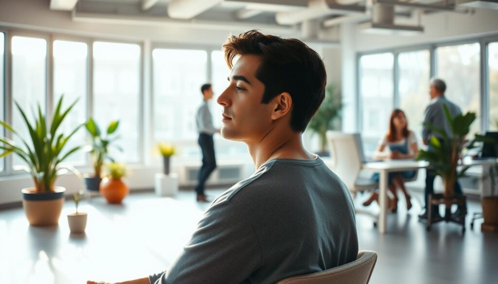 A serene office setting, bathed in warm, natural lighting that filters through large windows. In the foreground, a person sits at a desk, deep in contemplation, their facial expression conveying a sense of mindfulness and inner peace. The middle ground features potted plants and a minimalist decor, creating a calming, zen-like atmosphere. In the background, colleagues engage in casual, supportive conversations, highlighting the importance of a collaborative and mentally-nurturing work environment. The overall scene exudes a sense of balance, well-being, and a focus on the employee's holistic mental health within the professional context. A serene office setting, bathed in warm, natural lighting that filters through large windows. In the foreground, a person sits at a desk, deep in contemplation, their facial expression conveying a sense of mindfulness and inner peace. The middle ground features potted plants and a minimalist decor, creating a calming, zen-like atmosphere. In the background, colleagues engage in casual, supportive conversations, highlighting the importance of a collaborative and mentally-nurturing work environment. The overall scene exudes a sense of balance, well-being, and a focus on the employee's holistic mental health within the professional context.