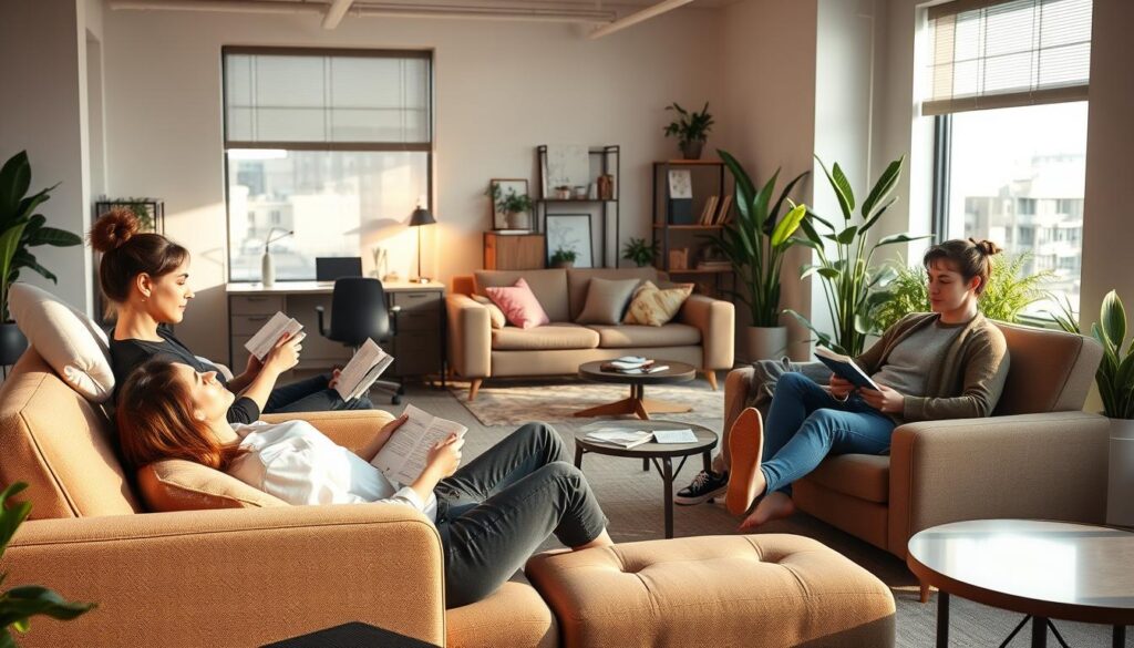 A serene office setting, bathed in warm, natural lighting. In the foreground, a group of professionals relaxing on comfortable, ergonomic furniture, engaging in various sleep-promoting activities - some reading tranquil books, others practicing mindfulness exercises. The middle ground features a cozy nook with plush pillows and soothing ambient music, inviting employees to take a restorative power nap. In the background, tasteful decor and plants create a calming, zen-like atmosphere, promoting a culture of healthy sleep habits and work-life balance. The overall scene conveys a progressive, employee-centric workspace that prioritizes staff wellbeing through strategic sleep strategies. A serene office setting, bathed in warm, natural lighting. In the foreground, a group of professionals relaxing on comfortable, ergonomic furniture, engaging in various sleep-promoting activities - some reading tranquil books, others practicing mindfulness exercises. The middle ground features a cozy nook with plush pillows and soothing ambient music, inviting employees to take a restorative power nap. In the background, tasteful decor and plants create a calming, zen-like atmosphere, promoting a culture of healthy sleep habits and work-life balance. The overall scene conveys a progressive, employee-centric workspace that prioritizes staff wellbeing through strategic sleep strategies.