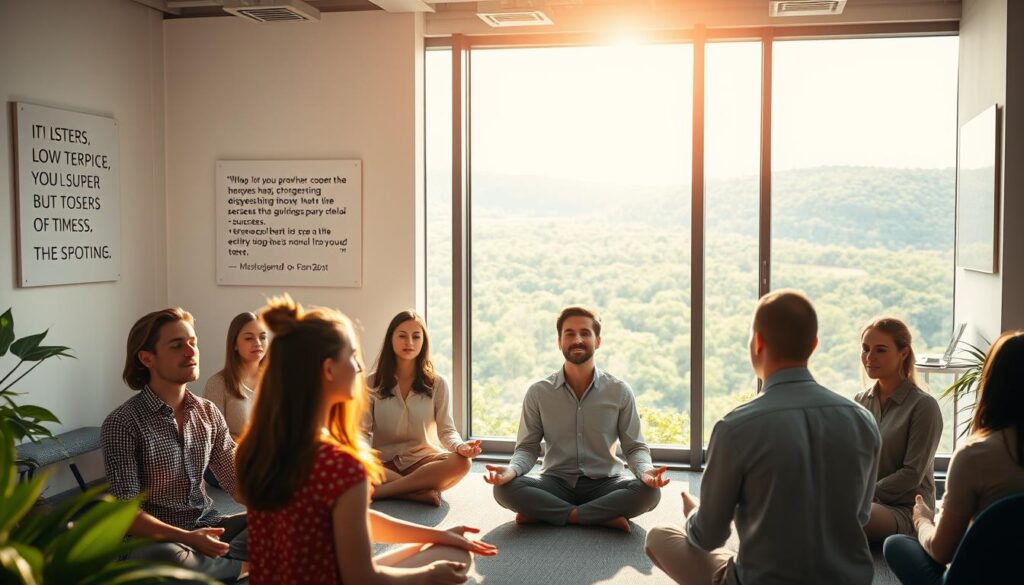 A serene office setting, bathed in warm, natural lighting. In the foreground, a team of professionals engaged in a group meditation session, their faces radiating calm and focus. In the middle ground, motivational quotes and success stories adorn the walls, inspiring the team's journey towards mental well-being. The background showcases a panoramic view of a lush, verdant landscape, symbolizing the growth and rejuvenation that can come from effective mental training. The overall atmosphere conveys a sense of harmony, productivity, and a shared commitment to personal and professional development. A serene office setting, bathed in warm, natural lighting. In the foreground, a team of professionals engaged in a group meditation session, their faces radiating calm and focus. In the middle ground, motivational quotes and success stories adorn the walls, inspiring the team's journey towards mental well-being. The background showcases a panoramic view of a lush, verdant landscape, symbolizing the growth and rejuvenation that can come from effective mental training. The overall atmosphere conveys a sense of harmony, productivity, and a shared commitment to personal and professional development.