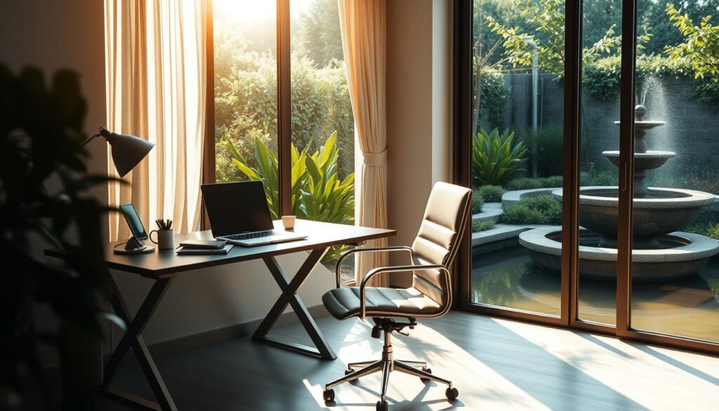 A serene, sun-dappled office scene with a desk and chair situated near a large window overlooking a peaceful garden. On the desk, a laptop and a few personal items create a sense of balance between work and life. The lighting is soft and natural, casting a warm glow throughout the space. In the background, lush greenery and a tranquil water feature suggest a harmonious integration of the professional and personal realms. The overall mood is one of tranquility, focus, and a healthy work-life equilibrium. A serene, sun-dappled office scene with a desk and chair situated near a large window overlooking a peaceful garden. On the desk, a laptop and a few personal items create a sense of balance between work and life. The lighting is soft and natural, casting a warm glow throughout the space. In the background, lush greenery and a tranquil water feature suggest a harmonious integration of the professional and personal realms. The overall mood is one of tranquility, focus, and a healthy work-life equilibrium.