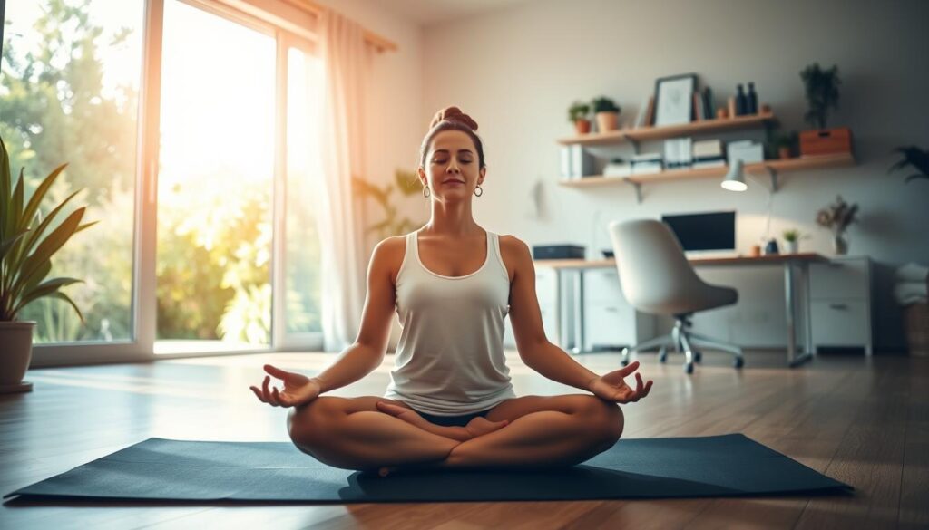 A serene, sun-drenched scene showcasing the harmony between personal and professional life. In the foreground, a person meditating on a yoga mat, their face radiant with inner peace. The middle ground features a tidy, organized home office, conveying a sense of productivity and focus. In the background, a lush, verdant garden invites tranquility, symbolizing the importance of work-life balance. Soft, diffused lighting bathes the entire composition, creating a calming, ethereal atmosphere. The overall impression is one of mental and physical well-being, underscoring the vital role of equilibrium between work and personal domains. A serene, sun-drenched scene showcasing the harmony between personal and professional life. In the foreground, a person meditating on a yoga mat, their face radiant with inner peace. The middle ground features a tidy, organized home office, conveying a sense of productivity and focus. In the background, a lush, verdant garden invites tranquility, symbolizing the importance of work-life balance. Soft, diffused lighting bathes the entire composition, creating a calming, ethereal atmosphere. The overall impression is one of mental and physical well-being, underscoring the vital role of equilibrium between work and personal domains.