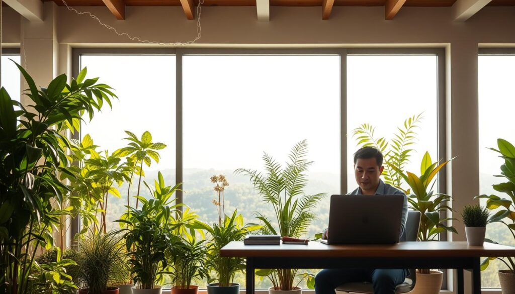 A serene, well-balanced scene depicting the harmonious relationship between work and health. In the foreground, a person sits at a desk, laptop open, working intently yet with a calm, focused expression. Behind them, a lush indoor garden filled with verdant plants and natural light, symbolizing the importance of maintaining physical and mental well-being. The middle ground features a large window overlooking a tranquil outdoor landscape, the sky filled with soft, diffused lighting. The overall atmosphere conveys a sense of equilibrium, where productivity and self-care coexist in perfect harmony. A serene, well-balanced scene depicting the harmonious relationship between work and health. In the foreground, a person sits at a desk, laptop open, working intently yet with a calm, focused expression. Behind them, a lush indoor garden filled with verdant plants and natural light, symbolizing the importance of maintaining physical and mental well-being. The middle ground features a large window overlooking a tranquil outdoor landscape, the sky filled with soft, diffused lighting. The overall atmosphere conveys a sense of equilibrium, where productivity and self-care coexist in perfect harmony.