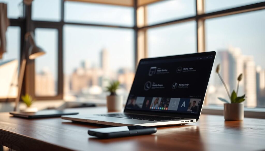 A serene, well-lit office interior with a desk, laptop, and a smartphone in the foreground. Minimalist, distraction-free digital tools such as productivity apps and website blockers are visible on the laptop screen, their icons and interfaces designed with a clean, modern aesthetic. The background features a subtle, blurred out cityscape, conveying a sense of calm focus amidst the bustling urban environment. Warm, natural lighting filters in through large windows, creating a cozy, productive atmosphere. The overall scene emphasizes how digital technologies can be leveraged to enhance concentration and mitigate distractions, supporting the article's theme of using technology to improve focus for individuals with ADHD. A serene, well-lit office interior with a desk, laptop, and a smartphone in the foreground. Minimalist, distraction-free digital tools such as productivity apps and website blockers are visible on the laptop screen, their icons and interfaces designed with a clean, modern aesthetic. The background features a subtle, blurred out cityscape, conveying a sense of calm focus amidst the bustling urban environment. Warm, natural lighting filters in through large windows, creating a cozy, productive atmosphere. The overall scene emphasizes how digital technologies can be leveraged to enhance concentration and mitigate distractions, supporting the article's theme of using technology to improve focus for individuals with ADHD.