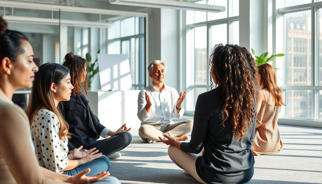 A serene, well-lit office setting with a diverse team of professionals engaged in a mental training session. In the foreground, a group of employees sit in a relaxed, meditative pose, eyes closed, focusing inward. The middle ground features a facilitator leading the session, using calming hand gestures and an expression of wisdom. The background showcases a clean, minimalist workspace with large windows, allowing natural light to flood the scene and create a sense of openness and tranquility. The overall atmosphere conveys a harmonious blend of concentration, collaboration, and a shared commitment to collective mental well-being. A serene, well-lit office setting with a diverse team of professionals engaged in a mental training session. In the foreground, a group of employees sit in a relaxed, meditative pose, eyes closed, focusing inward. The middle ground features a facilitator leading the session, using calming hand gestures and an expression of wisdom. The background showcases a clean, minimalist workspace with large windows, allowing natural light to flood the scene and create a sense of openness and tranquility. The overall atmosphere conveys a harmonious blend of concentration, collaboration, and a shared commitment to collective mental well-being.
