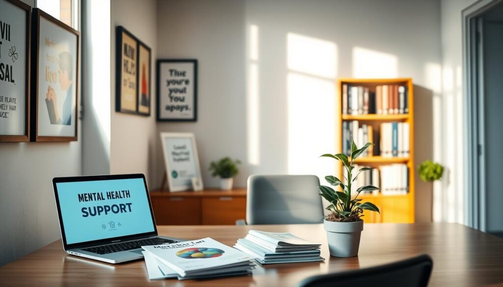 A serene, well-lit office space, with a desk showcasing various resources for mental health support. On the desk, a stack of informative brochures, a laptop displaying a mental health app, and a potted plant symbolizing growth and wellness. The walls are adorned with motivational artwork and inspirational quotes, creating a calming, nurturing atmosphere. Soft, natural lighting filters through the windows, casting a warm glow over the scene. In the background, a bookshelf filled with self-help books and mindfulness guides. The overall composition conveys a sense of care, empowerment, and a commitment to employee well-being. A serene, well-lit office space, with a desk showcasing various resources for mental health support. On the desk, a stack of informative brochures, a laptop displaying a mental health app, and a potted plant symbolizing growth and wellness. The walls are adorned with motivational artwork and inspirational quotes, creating a calming, nurturing atmosphere. Soft, natural lighting filters through the windows, casting a warm glow over the scene. In the background, a bookshelf filled with self-help books and mindfulness guides. The overall composition conveys a sense of care, empowerment, and a commitment to employee well-being.