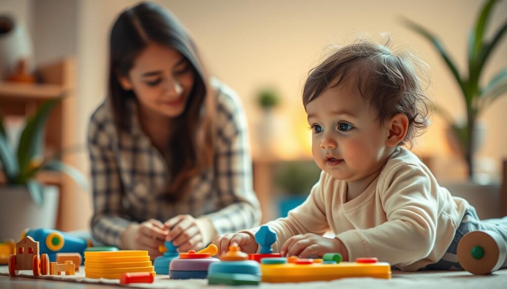 A serene, well-lit scene depicting the stages of child development. In the foreground, a young child playing with educational toys, their face lit with wonder and curiosity. In the middle ground, a parent or caregiver guiding the child, fostering their learning and growth. The background features a warm, nurturing environment with natural elements like plants and soft lighting, conveying a sense of balance and harmony. The image should convey the importance of hands-on, interactive play in a child's cognitive, social, and emotional development, without the distractions of digital devices. A serene, well-lit scene depicting the stages of child development. In the foreground, a young child playing with educational toys, their face lit with wonder and curiosity. In the middle ground, a parent or caregiver guiding the child, fostering their learning and growth. The background features a warm, nurturing environment with natural elements like plants and soft lighting, conveying a sense of balance and harmony. The image should convey the importance of hands-on, interactive play in a child's cognitive, social, and emotional development, without the distractions of digital devices.