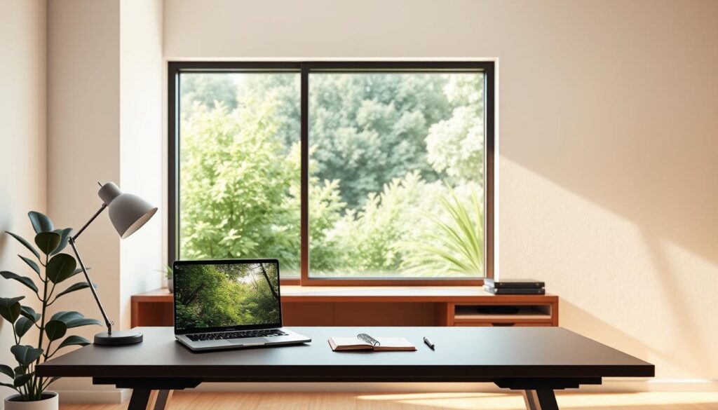 A serene, well-lit workspace with a stylized, modern design. In the foreground, a sleek, ergonomic desk with a minimalist lamp, a potted plant, and a laptop displaying a tranquil nature scene. On the desk, a notebook and a pen, symbolizing the integration of physical and digital elements. The middle ground features a large, frameless window overlooking a lush, verdant garden, bathing the room in warm, natural light. The background showcases a soothing, neutral-toned wall with subtle textures, creating a calming and focused atmosphere. The overall scene evokes a sense of balance, productivity, and mental well-being, embodying the essence of "NeuroWellness." A serene, well-lit workspace with a stylized, modern design. In the foreground, a sleek, ergonomic desk with a minimalist lamp, a potted plant, and a laptop displaying a tranquil nature scene. On the desk, a notebook and a pen, symbolizing the integration of physical and digital elements. The middle ground features a large, frameless window overlooking a lush, verdant garden, bathing the room in warm, natural light. The background showcases a soothing, neutral-toned wall with subtle textures, creating a calming and focused atmosphere. The overall scene evokes a sense of balance, productivity, and mental well-being, embodying the essence of "NeuroWellness."