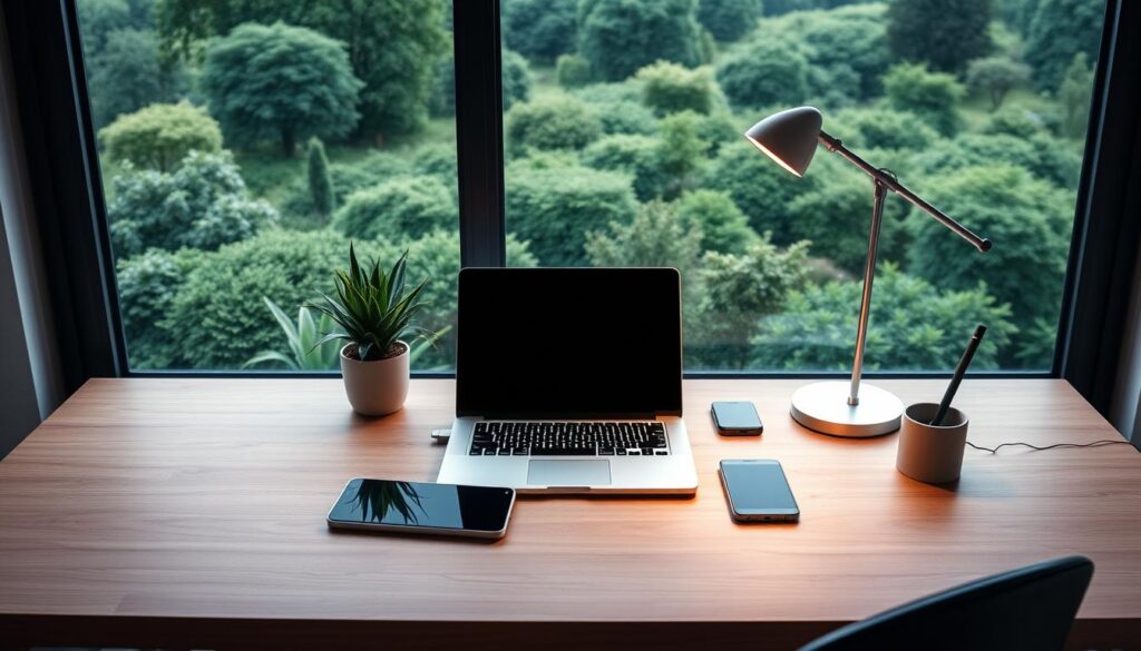 A sleek, minimalist home office setup with a laptop, tablet, and smartphone arranged neatly on a wooden desk. A potted plant and a stylish desk lamp provide a sense of balance and relaxation. The lighting is soft and warm, creating a calming atmosphere. In the background, a large window offers a scenic view of a lush, green landscape, symbolizing the harmony between work and personal life. The overall composition conveys a sense of technology-driven productivity seamlessly integrated with wellness and work-life balance.