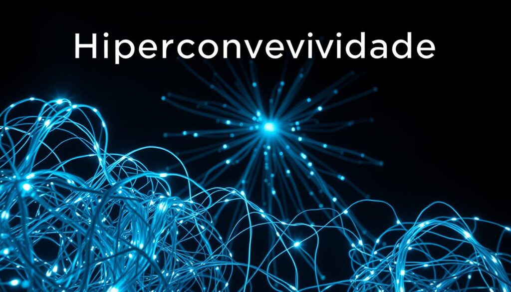 A striking visualization of the concept of "Hiperconectividade," depicting a tangle of glowing, interconnected digital threads and cables against a dark, moody background. The foreground features a cluster of these luminous strands, twisting and converging, symbolizing the overwhelming sense of being constantly plugged in and connected. In the middle ground, the threads radiate outward, creating a web-like structure that dominates the frame. The background is shrouded in shadows, conveying a sense of isolation and disconnect despite the pervasive connectivity. Dramatic chiaroscuro lighting emphasizes the contrast between the bright, pulsing threads and the enveloping darkness, evoking the complex emotional and psychological impacts of hyper-connectivity in the modern remote work environment. A striking visualization of the concept of "Hiperconectividade," depicting a tangle of glowing, interconnected digital threads and cables against a dark, moody background. The foreground features a cluster of these luminous strands, twisting and converging, symbolizing the overwhelming sense of being constantly plugged in and connected. In the middle ground, the threads radiate outward, creating a web-like structure that dominates the frame. The background is shrouded in shadows, conveying a sense of isolation and disconnect despite the pervasive connectivity. Dramatic chiaroscuro lighting emphasizes the contrast between the bright, pulsing threads and the enveloping darkness, evoking the complex emotional and psychological impacts of hyper-connectivity in the modern remote work environment.