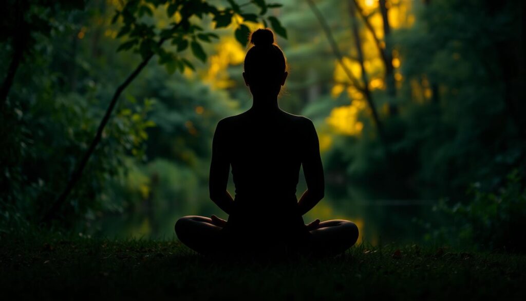 A tranquil meditation scene with a person sitting cross-legged in a serene natural setting. Warm, ambient lighting filters through the lush greenery of a forested landscape. The figure is silhouetted, deeply focused, hands resting gently in their lap. A sense of inner peace and mindful awareness pervades the scene. In the background, a calming body of water reflects the surrounding foliage. The overall atmosphere is one of contemplation, balance, and a connection to the present moment.