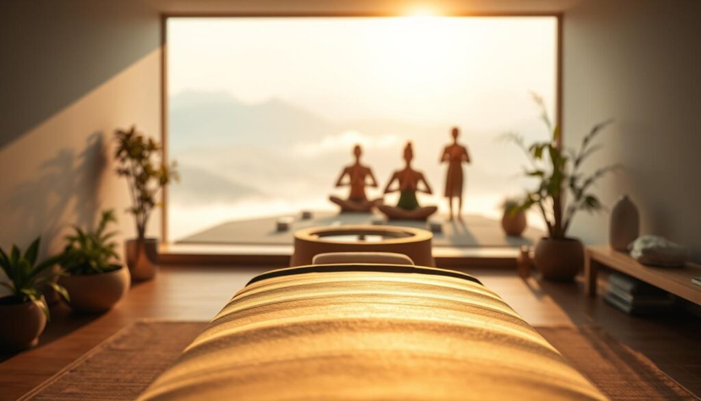 A tranquil, minimalist scene depicting holistic treatment. In the foreground, a spa-like setting with natural materials and clean lines. Serene lighting, with soft, warm tones. A central focus on a wooden treatment table, surrounded by elements of nature - potted plants, a gentle water feature, and natural textiles. In the middle ground, blurred silhouettes of people engaging in mindful practices, such as yoga or meditation. The background fades into an abstract, ethereal landscape, suggesting a sense of harmony and connection. The overall impression is one of balance, relaxation, and a holistic approach to wellness. A tranquil, minimalist scene depicting holistic treatment. In the foreground, a spa-like setting with natural materials and clean lines. Serene lighting, with soft, warm tones. A central focus on a wooden treatment table, surrounded by elements of nature - potted plants, a gentle water feature, and natural textiles. In the middle ground, blurred silhouettes of people engaging in mindful practices, such as yoga or meditation. The background fades into an abstract, ethereal landscape, suggesting a sense of harmony and connection. The overall impression is one of balance, relaxation, and a holistic approach to wellness.