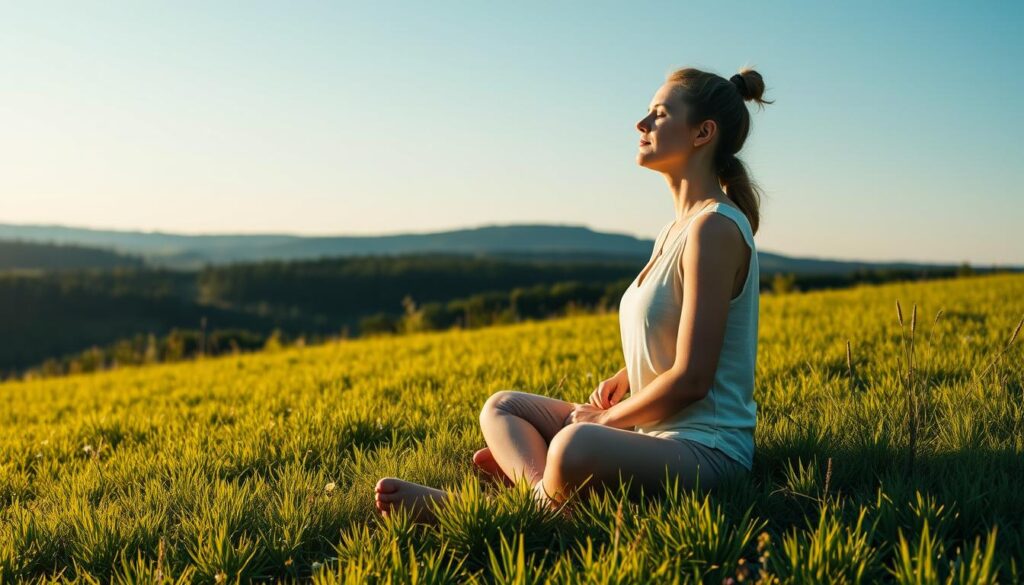 A tranquil, serene scene depicting the importance of digital disconnection. A person sitting cross-legged on a grassy meadow, surrounded by lush greenery and a clear blue sky. They are relaxed, their eyes closed, hands resting calmly on their lap, reflecting on the present moment. The lighting is soft and natural, casting a warm glow on the scene. In the background, a distant forest and rolling hills create a sense of expansive space and solitude. The overall atmosphere evokes a feeling of mindfulness, introspection, and a break from the digital world.