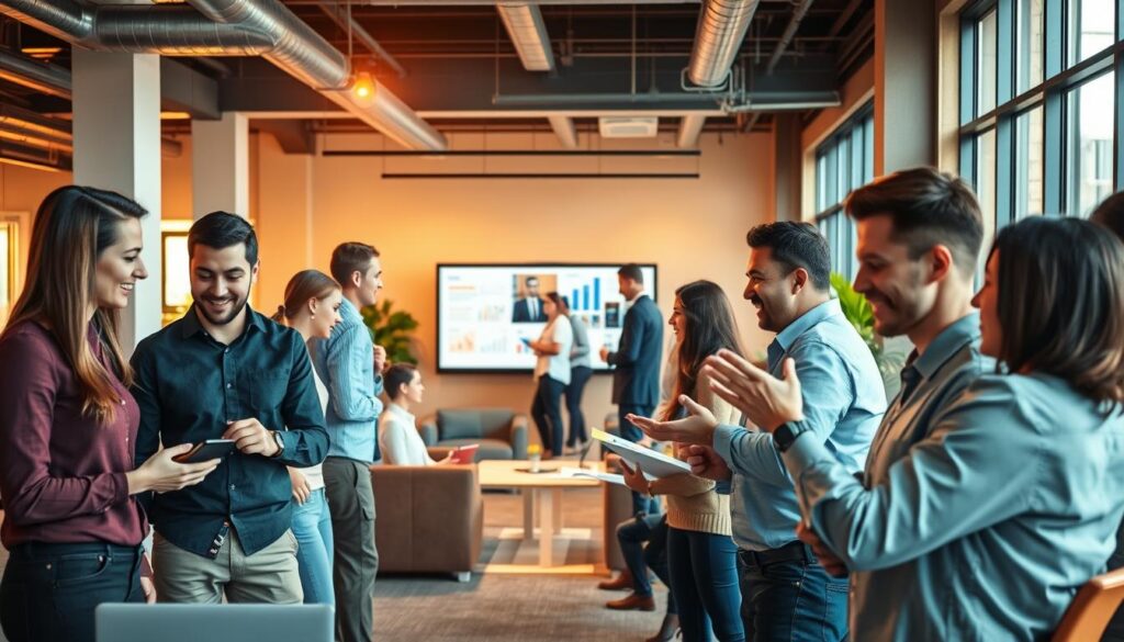 A vibrant and dynamic office setting, showcasing engaged and fulfilled employees collaborating in an open, well-lit workspace. The foreground features a diverse group of professionals deeply immersed in their tasks, their body language and facial expressions radiating a sense of purpose and job satisfaction. In the middle ground, colleagues gather around a large, interactive display, sharing ideas and strategizing, while in the background, a stylish lounge area provides a comfortable space for relaxation and team-building activities. Warm, natural lighting filters through large windows, creating a welcoming and productive atmosphere. The overall scene conveys a culture of employee engagement, empowerment, and a commitment to nurturing and retaining top talent.