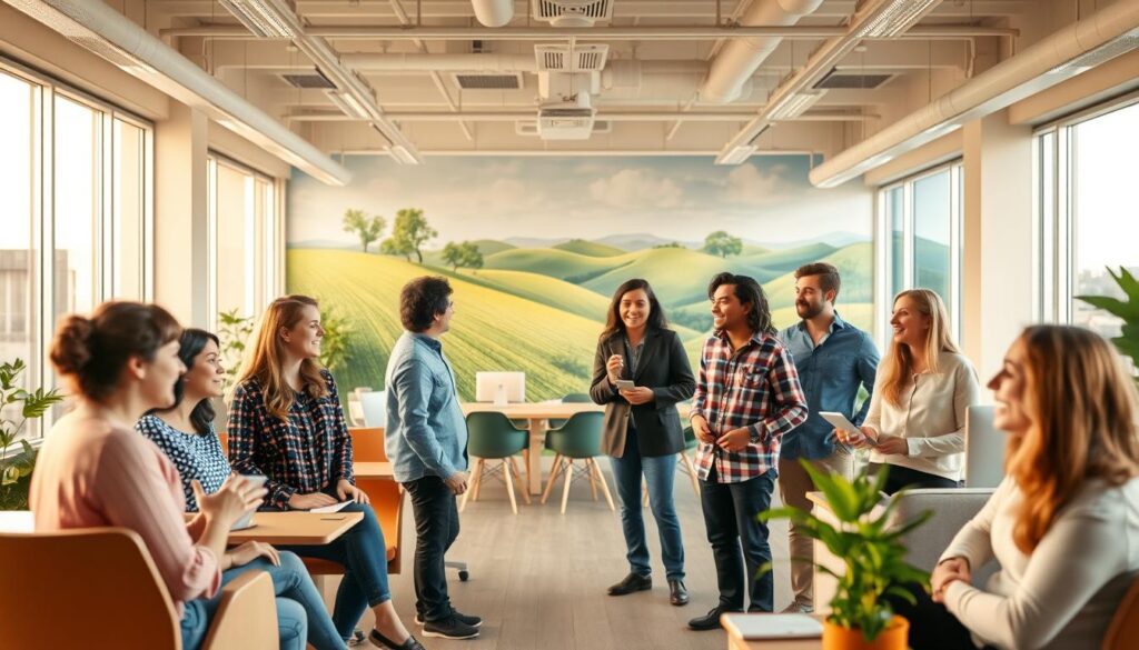 A vibrant, cheerful office setting with a positive, collaborative atmosphere. In the foreground, a diverse group of coworkers engaged in lively discussions, sharing ideas and supporting one another. The middle ground features an open, airy workspace with modern, ergonomic furniture and natural lighting filtering in through large windows. In the background, a mural on the wall depicts a thriving, verdant landscape, symbolizing the growth and vitality of the organization. The overall scene conveys a sense of unity, creativity, and a healthy work-life balance, reflecting a strong, positive organizational culture. Captured with a wide-angle lens, the image is bathed in warm, natural tones that create a welcoming, uplifting ambiance. A vibrant, cheerful office setting with a positive, collaborative atmosphere. In the foreground, a diverse group of coworkers engaged in lively discussions, sharing ideas and supporting one another. The middle ground features an open, airy workspace with modern, ergonomic furniture and natural lighting filtering in through large windows. In the background, a mural on the wall depicts a thriving, verdant landscape, symbolizing the growth and vitality of the organization. The overall scene conveys a sense of unity, creativity, and a healthy work-life balance, reflecting a strong, positive organizational culture. Captured with a wide-angle lens, the image is bathed in warm, natural tones that create a welcoming, uplifting ambiance.