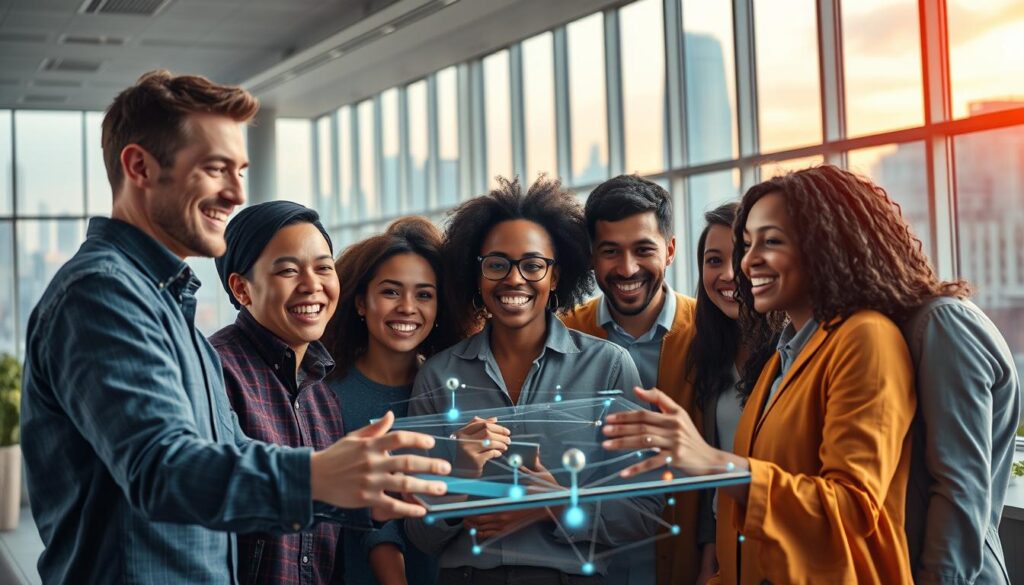 A vibrant, forward-looking scene depicting the future of motivation in the workplace. In the foreground, a diverse group of dynamic, engaged employees collaborating in a modern, well-lit office space, their expressions conveying a sense of purpose and fulfillment. In the middle ground, advanced holographic displays and AI-powered productivity tools, hinting at the technological innovations that will shape the future of workplace motivation. The background features a sleek, minimalist architectural design with large windows overlooking a futuristic cityscape, symbolizing the evolving landscape of the modern workforce. The overall mood is one of optimism, innovation, and a shared vision for a more motivated, productive, and rewarding work environment. A vibrant, forward-looking scene depicting the future of motivation in the workplace. In the foreground, a diverse group of dynamic, engaged employees collaborating in a modern, well-lit office space, their expressions conveying a sense of purpose and fulfillment. In the middle ground, advanced holographic displays and AI-powered productivity tools, hinting at the technological innovations that will shape the future of workplace motivation. The background features a sleek, minimalist architectural design with large windows overlooking a futuristic cityscape, symbolizing the evolving landscape of the modern workforce. The overall mood is one of optimism, innovation, and a shared vision for a more motivated, productive, and rewarding work environment.