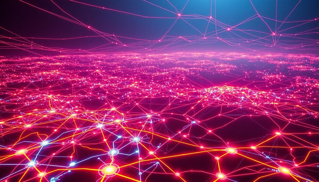 A vibrant, interconnected web of glowing neon lines and pulsing nodes, sprawling across a dark, ethereal landscape. The foreground is a dense tangle of intricate, futuristic circuits, their luminous pathways converging and diverging in an endless dance of digital energy. In the middle ground, the web expands outward, its tendrils reaching towards the horizon, creating a sense of boundless, hyper-connected space. The background fades into a hazy, dreamlike realm, suggesting the vastness and complexity of the digital realm. Diffuse lighting bathes the entire scene in a soft, neon glow, heightening the sense of technological immersion and the blurring of boundaries between the physical and virtual worlds. A vibrant, interconnected web of glowing neon lines and pulsing nodes, sprawling across a dark, ethereal landscape. The foreground is a dense tangle of intricate, futuristic circuits, their luminous pathways converging and diverging in an endless dance of digital energy. In the middle ground, the web expands outward, its tendrils reaching towards the horizon, creating a sense of boundless, hyper-connected space. The background fades into a hazy, dreamlike realm, suggesting the vastness and complexity of the digital realm. Diffuse lighting bathes the entire scene in a soft, neon glow, heightening the sense of technological immersion and the blurring of boundaries between the physical and virtual worlds.