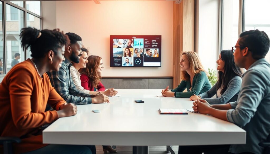 A vibrant office setting with a team of diverse professionals engaged in dynamic and collaborative communication. In the foreground, colleagues huddle around a sleek conference table, their expressions animated as they exchange ideas. Soft natural light filters through large windows, casting a warm glow on the scene. In the middle ground, a wall-mounted display showcases visuals, conveying the seamless flow of information. The background features modern, minimalist decor, creating a sense of order and efficiency. The overall atmosphere exudes a spirit of open, transparent, and effective internal communication, fostering a productive and engaged workforce. A vibrant office setting with a team of diverse professionals engaged in dynamic and collaborative communication. In the foreground, colleagues huddle around a sleek conference table, their expressions animated as they exchange ideas. Soft natural light filters through large windows, casting a warm glow on the scene. In the middle ground, a wall-mounted display showcases visuals, conveying the seamless flow of information. The background features modern, minimalist decor, creating a sense of order and efficiency. The overall atmosphere exudes a spirit of open, transparent, and effective internal communication, fostering a productive and engaged workforce.