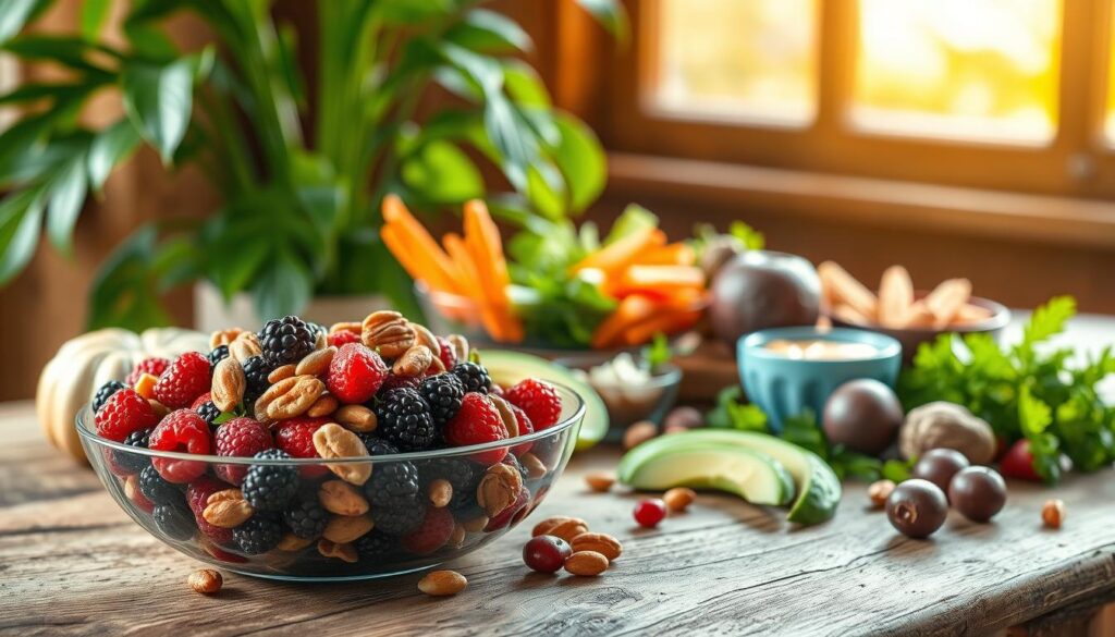 A vibrant still life showcasing a diverse array of healthy, brain-boosting foods on a rustic wooden table. In the foreground, a bowl overflows with juicy berries, crisp nuts, and creamy avocado slices. In the middle ground, a platter presents crunchy vegetables like carrot sticks and celery, accompanied by a small dish of hummus. The background features a leafy green plant and warm, natural lighting from a large window, creating a calming, nourishing atmosphere. The composition is balanced and aesthetically pleasing, inviting the viewer to savor these wholesome ingredients that fuel mental focus and concentration. A vibrant still life showcasing a diverse array of healthy, brain-boosting foods on a rustic wooden table. In the foreground, a bowl overflows with juicy berries, crisp nuts, and creamy avocado slices. In the middle ground, a platter presents crunchy vegetables like carrot sticks and celery, accompanied by a small dish of hummus. The background features a leafy green plant and warm, natural lighting from a large window, creating a calming, nourishing atmosphere. The composition is balanced and aesthetically pleasing, inviting the viewer to savor these wholesome ingredients that fuel mental focus and concentration.