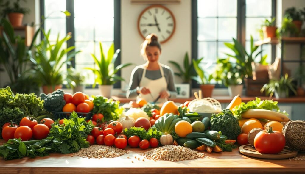 A vibrant, sun-drenched kitchen scene showcasing a bountiful spread of healthy, nutritious foods. In the foreground, a wooden table is laden with an array of fresh produce - crisp greens, ripe tomatoes, juicy fruits, and whole grains. Soft, natural lighting filters in through large windows, casting a warm glow over the scene. In the middle ground, a person sits at the table, preparing a wholesome meal, their expression one of focus and contentment. The background features lush, verdant plants and stylish, minimalist decor, creating a calming, wellness-inspired atmosphere. The overall impression is one of balance, vitality, and the connection between nourishing the body and fueling productivity. A vibrant, sun-drenched kitchen scene showcasing a bountiful spread of healthy, nutritious foods. In the foreground, a wooden table is laden with an array of fresh produce - crisp greens, ripe tomatoes, juicy fruits, and whole grains. Soft, natural lighting filters in through large windows, casting a warm glow over the scene. In the middle ground, a person sits at the table, preparing a wholesome meal, their expression one of focus and contentment. The background features lush, verdant plants and stylish, minimalist decor, creating a calming, wellness-inspired atmosphere. The overall impression is one of balance, vitality, and the connection between nourishing the body and fueling productivity.