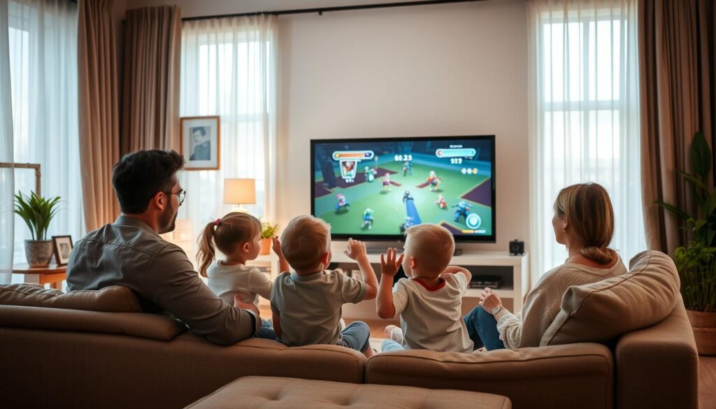A warm, inviting living room with a family of four gathered around a large, modern TV screen. The parents sit on a plush sofa, intently observing their children's interactions with a digital game displayed on the screen. Soft lighting filters through sheer curtains, creating a cozy atmosphere. The kids, engrossed in the game, gesticulate animatedly, their faces lit by the screen's glow. Framed family photos and potted plants accent the room, conveying a sense of comfort and connection. The overall scene suggests the parents' active involvement in their children's digital experiences, fostering a balanced, nurturing environment for developing social skills.