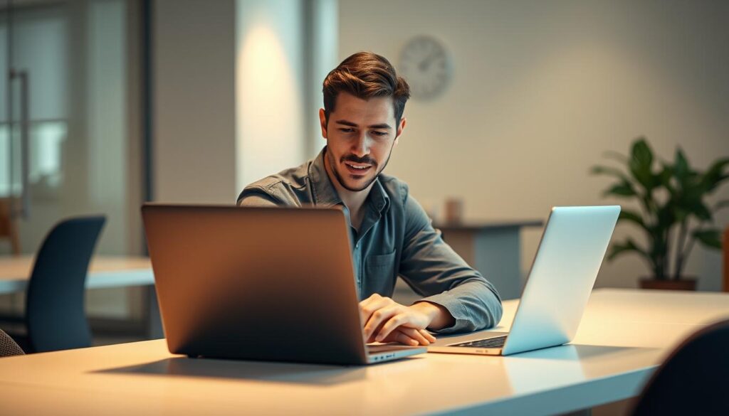 A well-rested professional seated at a desk, working intently on a laptop. Soft, warm lighting illuminates the scene, creating a serene and focused atmosphere. The desk is uncluttered, with a sleek, modern design that speaks to the employee's productivity and attention to detail. In the background, a blurred, peaceful office setting, conveying a sense of order and tranquility. The pose and expression of the subject suggest a state of mental clarity and engagement, reflecting the positive impacts of quality sleep on corporate wellbeing. A well-rested professional seated at a desk, working intently on a laptop. Soft, warm lighting illuminates the scene, creating a serene and focused atmosphere. The desk is uncluttered, with a sleek, modern design that speaks to the employee's productivity and attention to detail. In the background, a blurred, peaceful office setting, conveying a sense of order and tranquility. The pose and expression of the subject suggest a state of mental clarity and engagement, reflecting the positive impacts of quality sleep on corporate wellbeing.