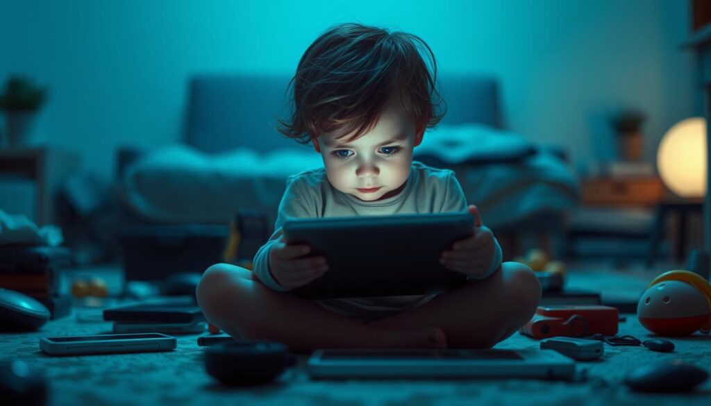 A young child sitting cross-legged on the floor, surrounded by a sea of digital devices and electronic toys. Their eyes are fixed intently on a tablet in their hands, their expression one of intense focus and detachment from the physical world. The room is dimly lit, casting a bluish hue over the scene, emphasizing the sense of isolation and disconnection. The background is blurred, with faint outlines of familiar household items, creating a sense of the child being lost in their own digital bubble. Soft, diffused lighting illuminates the child's face, creating a sense of introspection and contemplation, hinting at the potential impact of this "hyperconnectivity" on their development and well-being. A young child sitting cross-legged on the floor, surrounded by a sea of digital devices and electronic toys. Their eyes are fixed intently on a tablet in their hands, their expression one of intense focus and detachment from the physical world. The room is dimly lit, casting a bluish hue over the scene, emphasizing the sense of isolation and disconnection. The background is blurred, with faint outlines of familiar household items, creating a sense of the child being lost in their own digital bubble. Soft, diffused lighting illuminates the child's face, creating a sense of introspection and contemplation, hinting at the potential impact of this "hyperconnectivity" on their development and well-being.