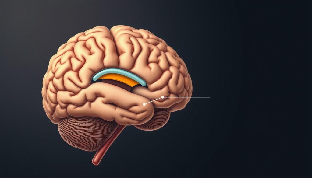 Detailed cross-section of the human brain, showcasing the neural structures affected by ADHD. Crisp, scientific visualization with muted color palette and subtle lighting. Frontal lobe, basal ganglia, and prefrontal cortex highlighted, illustrating the complex neurological underpinnings of attention deficit and hyperactivity. Precise anatomical labeling, emphasizing the key regions involved in executive function, impulse control, and focus. Rendered with a medical illustration aesthetic, conveying the nuanced neuroscience behind the ADHD condition.