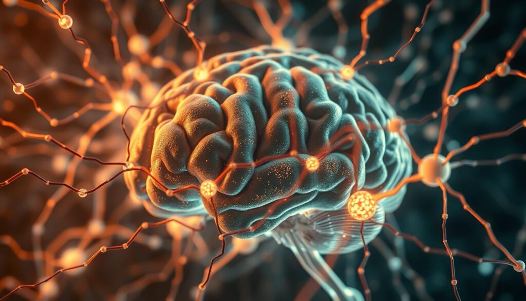 Intricate neural networks weaving a tapestry of interconnectivity, synapses firing in a dazzling display of hyperconnectivity. A captivating visualization of the human brain in a state of heightened activity, its pathways illuminated by a soft, ambient glow. Layered with depth and texture, this image captures the dynamism and complexity of the cerebral cortex, inviting the viewer to contemplate the remarkable capabilities of the mind. Rendered with a cinematic, dreamlike aesthetic, the scene evokes a sense of wonder and curiosity about the inner workings of our most vital organ.