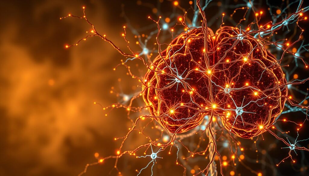 Neural hyperconnectivity, a complex neural network in the adult brain with ADHD, depicted as a vibrant, intricate web of glowing, pulsating neural pathways. The foreground showcases the intricate synaptic connections, with neurons firing rapidly in a mesmerizing display of energy and activity. The middle ground features a hazy, ethereal backdrop, suggesting the cognitive and attentional challenges associated with this condition. The lighting is warm and atmospheric, casting a dreamlike quality over the scene. The composition emphasizes the depth and intertwined nature of the neural architecture, conveying the sense of heightened connectivity and potential for both enhanced focus and decreased productivity.