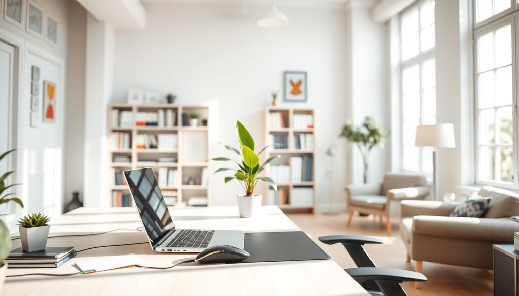 A bright, airy office space with natural light filtering in through large windows. The desk is neatly organized, with a laptop, ergonomic mouse, and a potted plant adding a touch of greenery. The walls are painted in a calming, neutral palette, and there is a comfortable-looking ergonomic chair. In the background, a bookshelf filled with reference materials and a small seating area with a cozy armchair and floor lamp. The overall atmosphere is one of tranquility and productivity, promoting a healthy and balanced work environment. A bright, airy office space with natural light filtering in through large windows. The desk is neatly organized, with a laptop, ergonomic mouse, and a potted plant adding a touch of greenery. The walls are painted in a calming, neutral palette, and there is a comfortable-looking ergonomic chair. In the background, a bookshelf filled with reference materials and a small seating area with a cozy armchair and floor lamp. The overall atmosphere is one of tranquility and productivity, promoting a healthy and balanced work environment.