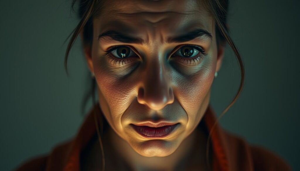 A candid portrait of a person's mental health journey, their face reflecting both the strain and the resilience. A warm, diffused light illuminates their expression, conveying a sense of introspection and vulnerability. The background is a soft, muted palette, allowing the subject to take center stage. Subtle textures and hues evoke a sense of empathy and understanding. The composition is balanced, drawing the viewer's attention to the person's eyes, which convey a mixture of fatigue and determination. This image aims to sensitively capture the experience of burnout and the importance of mental health awareness in the workplace.