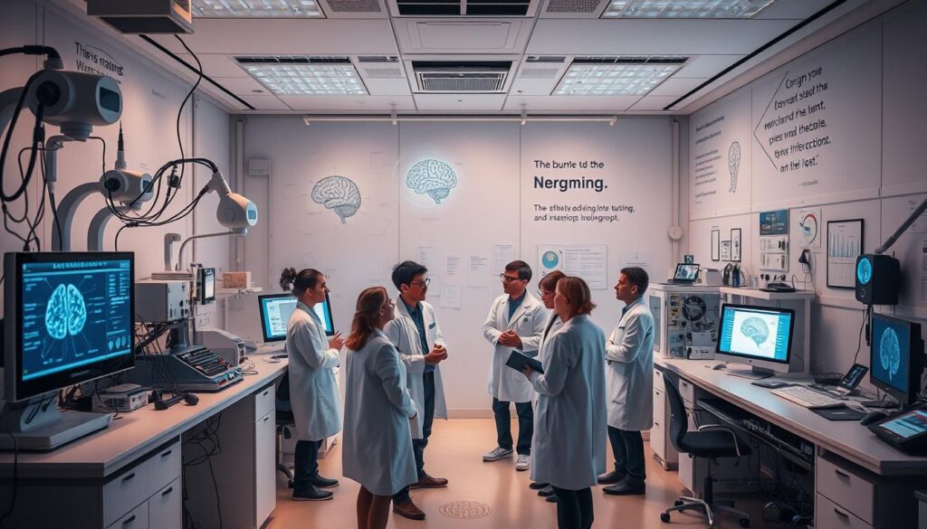 A modern laboratory filled with cutting-edge neuroscience equipment, including brain imaging devices, neural probes, and data visualization screens. The space is bathed in a soft, warm glow, creating a serene and contemplative atmosphere. In the center, a group of researchers and scientists are engaged in lively discussions, their expressions animated as they explore the complexities of human behavior and cognition. The walls are adorned with diagrams, charts, and inspirational quotes, hinting at the depth of knowledge and insights that emerge from this field of study. The overall scene conveys a sense of discovery, innovation, and the pursuit of understanding the mysteries of the mind. A modern laboratory filled with cutting-edge neuroscience equipment, including brain imaging devices, neural probes, and data visualization screens. The space is bathed in a soft, warm glow, creating a serene and contemplative atmosphere. In the center, a group of researchers and scientists are engaged in lively discussions, their expressions animated as they explore the complexities of human behavior and cognition. The walls are adorned with diagrams, charts, and inspirational quotes, hinting at the depth of knowledge and insights that emerge from this field of study. The overall scene conveys a sense of discovery, innovation, and the pursuit of understanding the mysteries of the mind.
