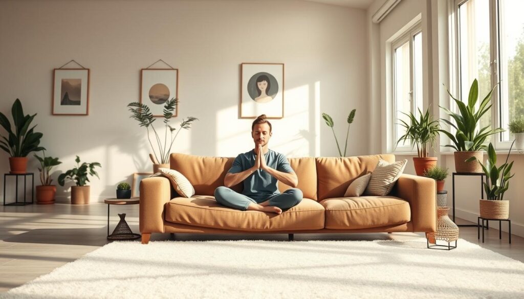 A serene and calming scene of a person engaging in self-care activities to overcome burnout. In the foreground, a person sits comfortably on a plush couch, practicing mindful breathing exercises. The middle ground features a minimalist and airy living space, with natural lighting streaming in through large windows. In the background, potted plants and soothing artwork adorn the walls, creating a tranquil atmosphere. The overall mood is one of introspection, relaxation, and a sense of rejuvenation. The image conveys the importance of mental health and wellness in the journey to recovery from burnout.